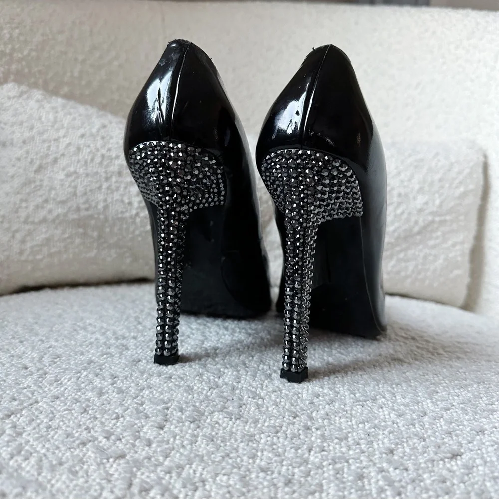 Ruthie Davis Patent Leather Black Crystal Embellished Heel Pumps Indie Glam 37 - Picture 5 of 7